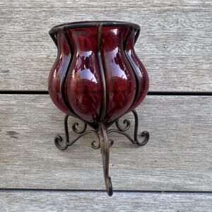 Vintage Red Caged Glass Vase With Black Wrought Iron Scroll Design Candle Holder